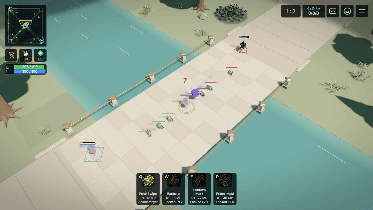 OMOBA desktop beta: the Warden jungler on the mid-lane bridge as both minion waves meet, with keyboard ability shortcuts along the bottom and the minimap at the top left