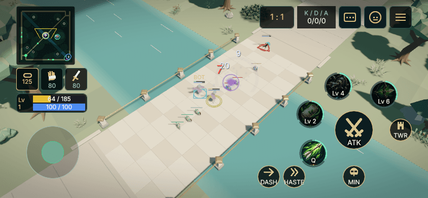 OMOBA phone interface preview: a Ranger fighting on the mid-lane bridge, with the movement joystick at the lower left, attack and skill buttons on the right and the minimap at the top left