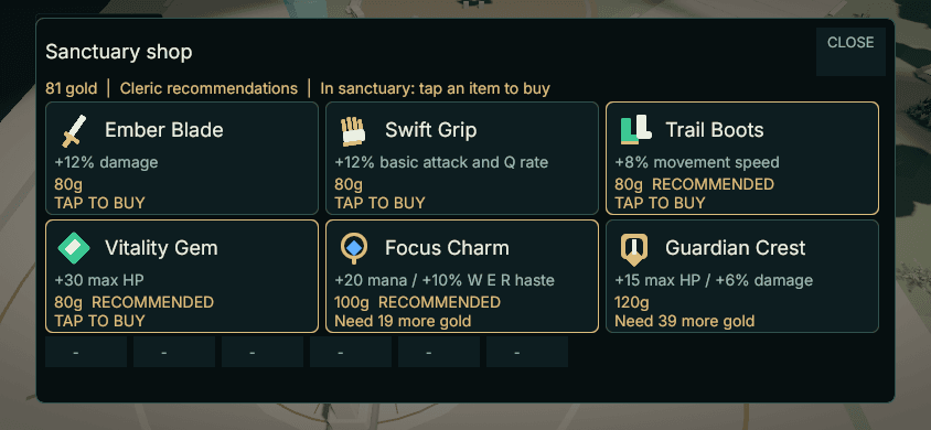 Mobile shop preview with six large equipment cards showing prices, effects and recommendations